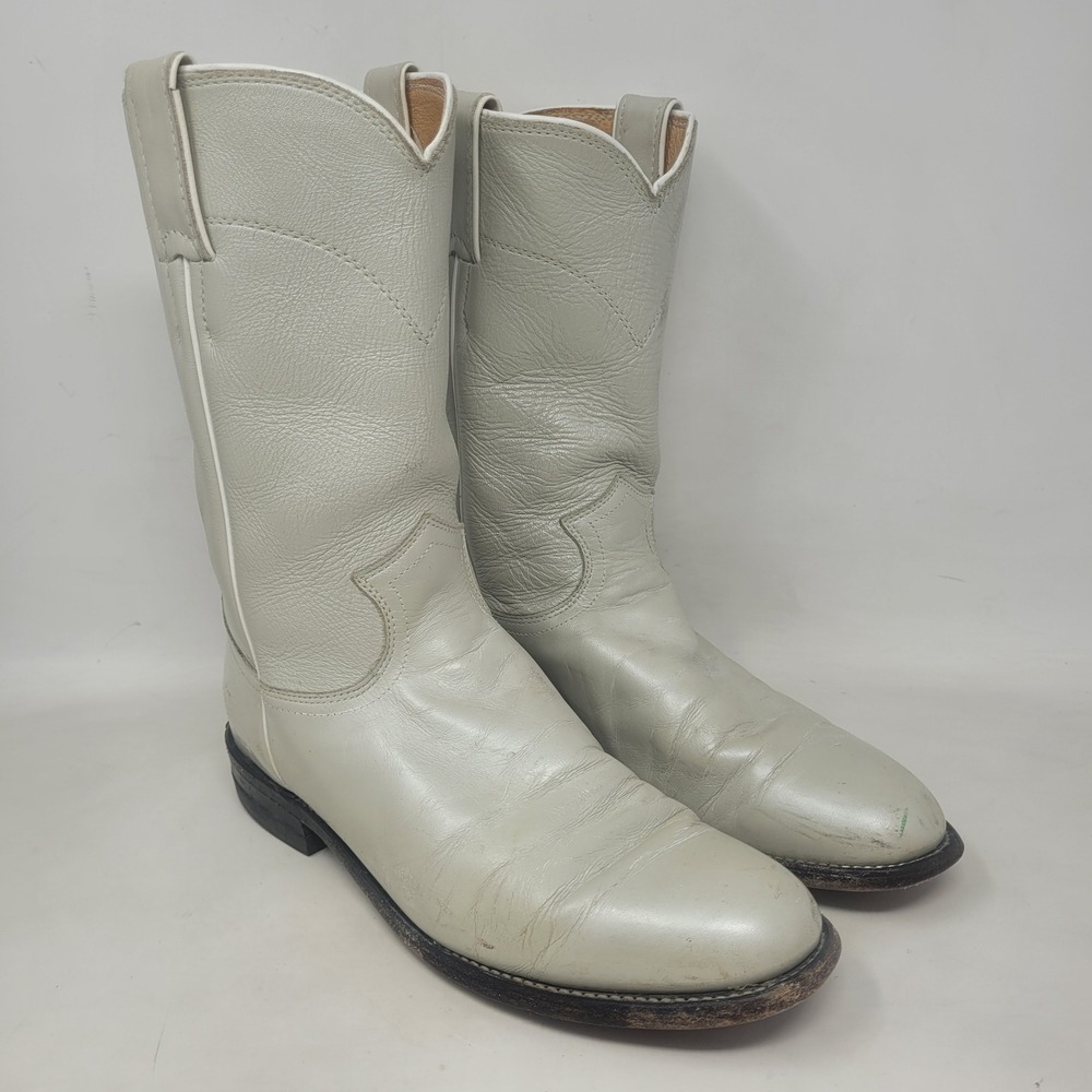 Vintage Justin Boots 7.5B White Leather Western Roper Cowgirl Boho Rodeo USA
